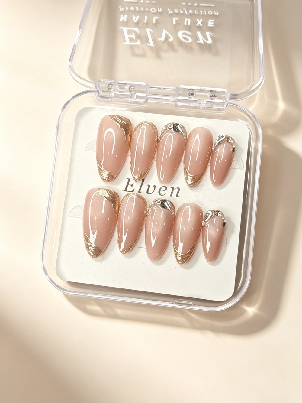 Nude Pink Cat Eye Press On Nails With Gold Foil And Crystals Medium Almond Nails